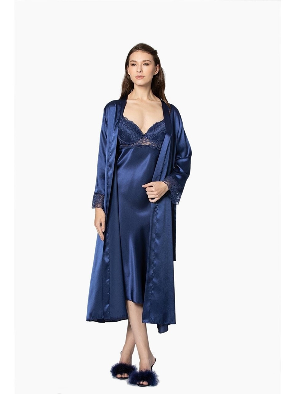 Pierre Cardin 4370 Kadın Saten Gecelik Sabahlık Takım-Lacivert