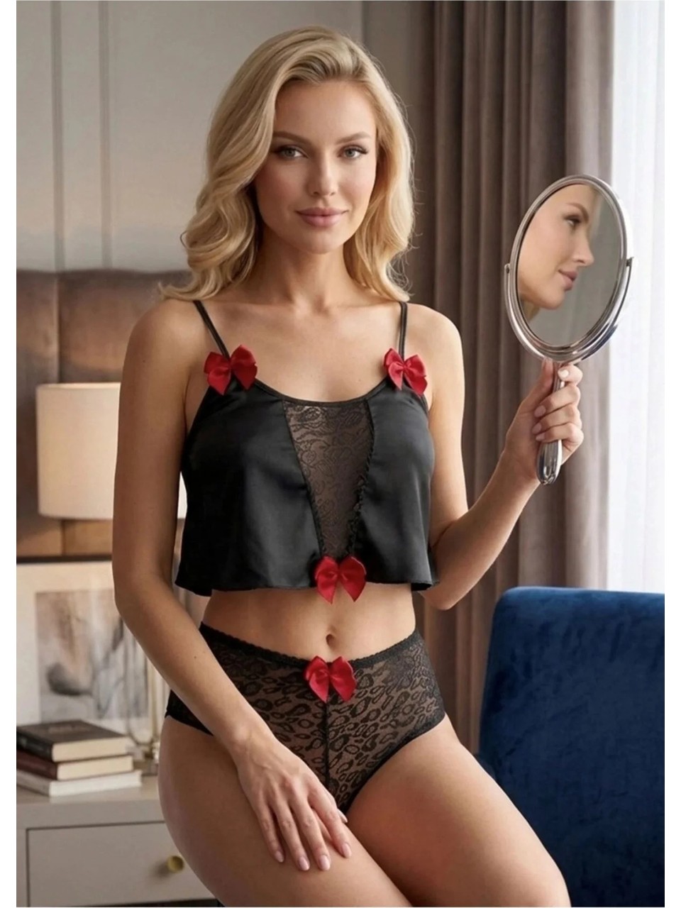 Kaliteli Sistina 333 Estetik Şık Konforlu Ipeksi Lüks Kırmızı Şortlu Ikili Set Saten Babydoll Takım